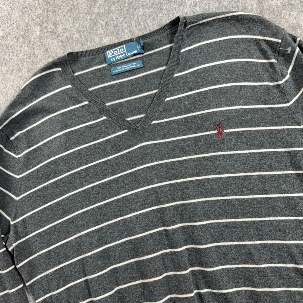 Polo Ralph Lauren Mens Pima Cotton V-Neck Striped Sweater Grey White Large